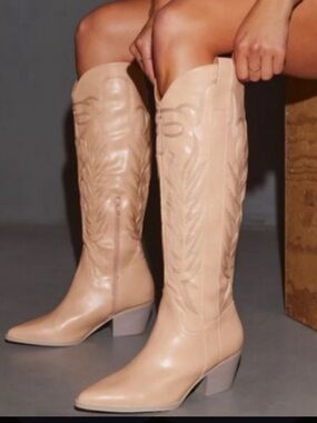 Women's Beige Western Knee-High Boots - Stylish Cowboy Heels
